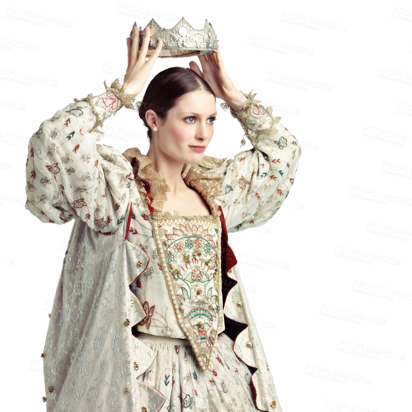 Buy stock photo Queen, renaissance and woman in crown, royalty and medieval cosplay isolated on transparent, png background. Victorian fashion, royal female and luxury with vintage costume, history and monarch