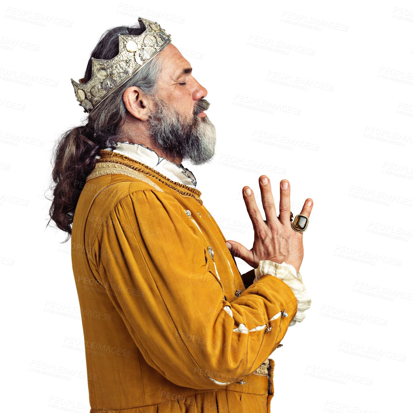 Buy stock photo King, crown and man in royal costume isolated, transparent and png background for theatre, drama and rehearsal. Medieval, fashion and power in vintage, classic and royal aesthetic of male model