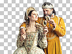 Studio shot of a king and queen drinking out of goblets isolated on a png background