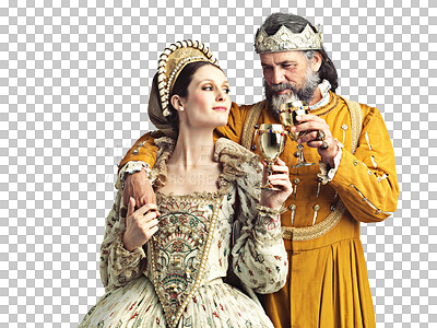 Buy stock photo Cheers, king and queen in medieval costume, drink and celebration for theatre art couple. History, man and woman toast chalice to celebrate renaissance marriage isolated on transparent png background