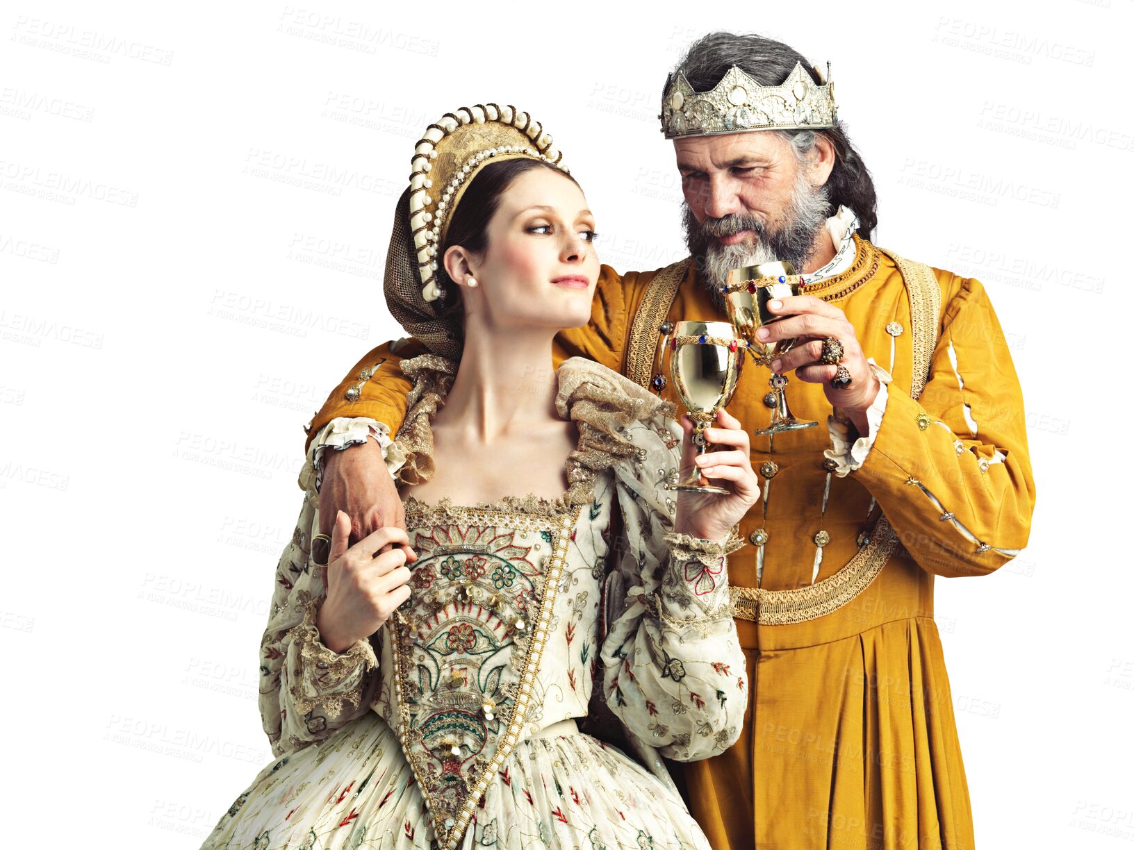 Buy stock photo Cheers, king and queen in medieval costume, drink and celebration for theatre art couple. History, man and woman toast chalice to celebrate renaissance marriage isolated on transparent png background