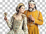 Love, victorian and couple with king and queen for renaissance, royalty and vintage in England. Vintage, luxury and fantasy with man and woman drinking from goblet for elegant, medieval and monarch isolated on a png background