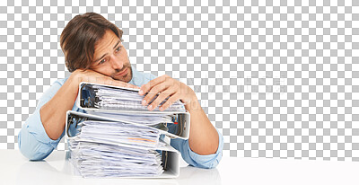 Buy stock photo Accounting, thinking and man with stack of folders isolated on transparent png background. Burnout, pile of documents and accountant or sad business person, depressed or fatigue, overwork or stress