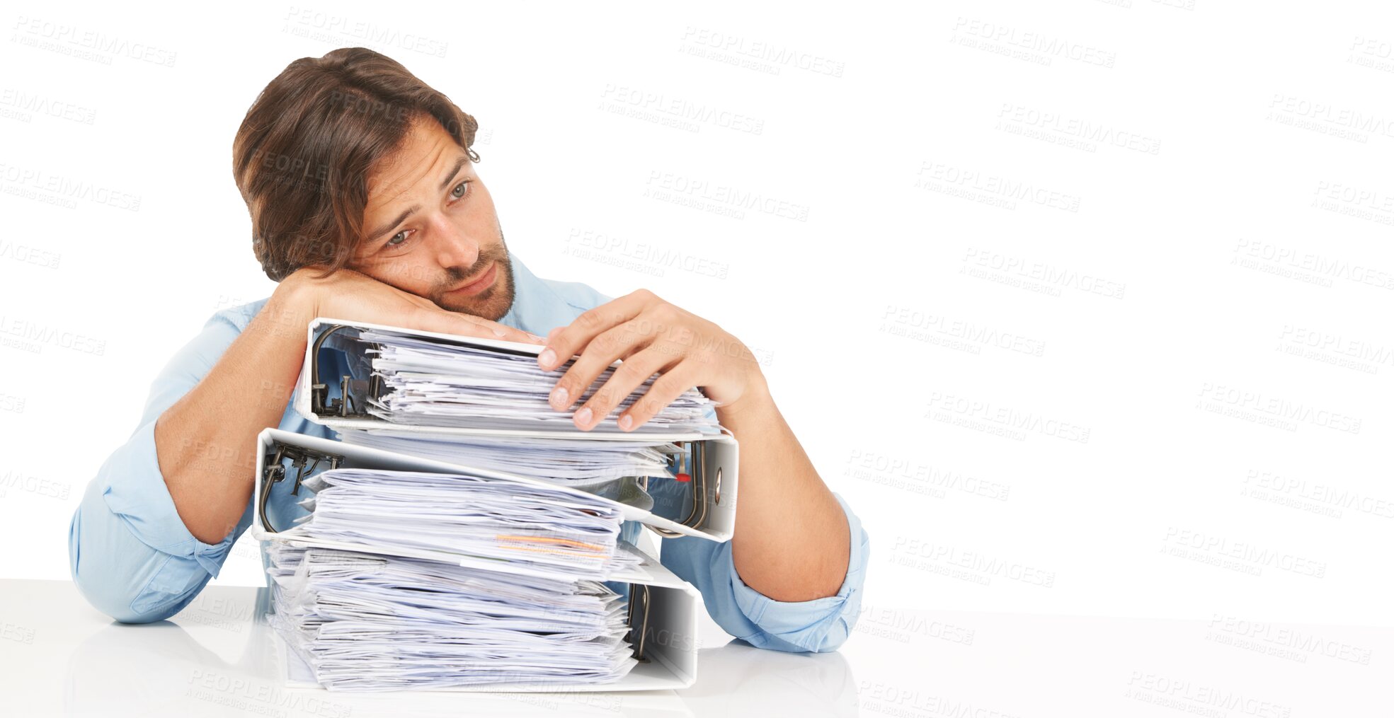 Buy stock photo Accounting, thinking and man with stack of folders isolated on transparent png background. Burnout, pile of documents and accountant or sad business person, depressed or fatigue, overwork or stress