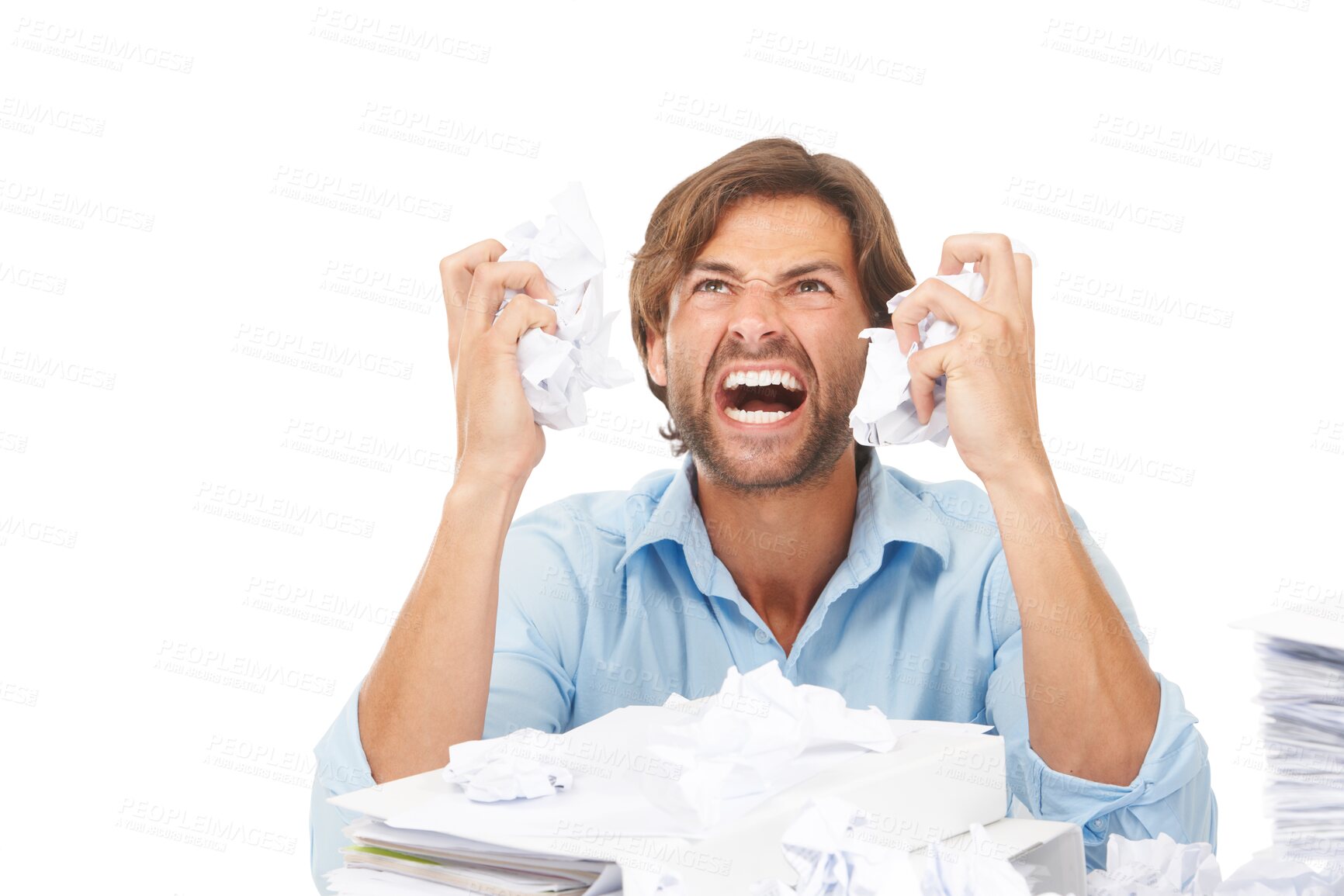 Buy stock photo Business man, stress and crumpled paper with shout, anger and anxiety with mistake by png background. Isolated businessman, paperwork and documents with audit, burnout and frustrated face at company