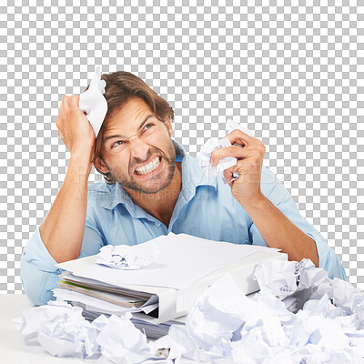 Buy stock photo Business man, crumpled documents and anger for mistake, anxiety and thinking by png background. Isolated angry businessman, paperwork and tax review with audit, burnout and frustrated at company