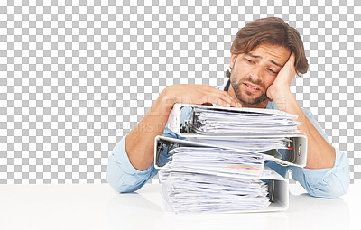 Buy stock photo Accountant, thinking and man with stack of folders isolated on transparent png background. Accounting, pile of documents and sad business person, depressed or fatigue, overwork or stress with burnout