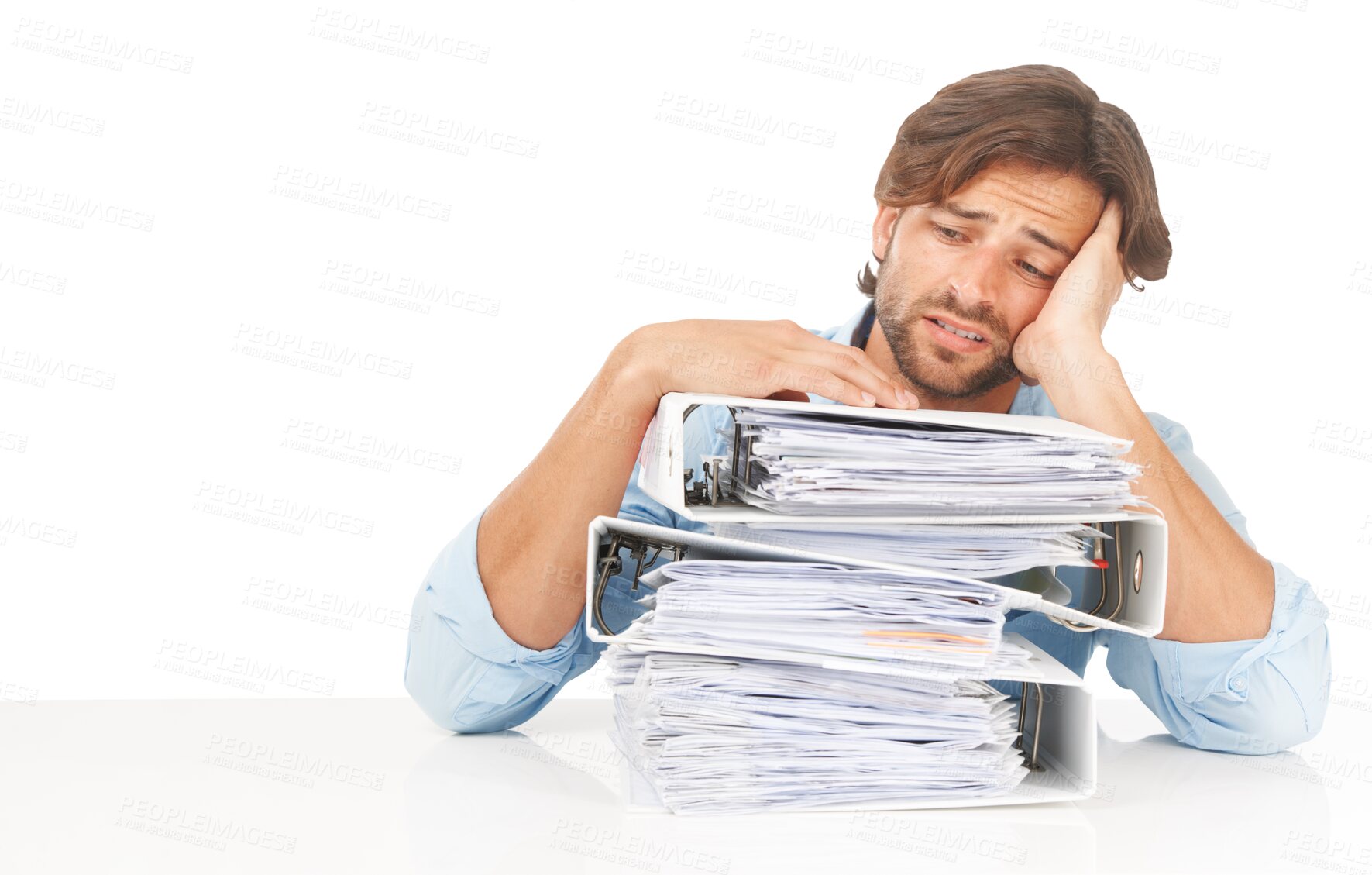 Buy stock photo Accountant, thinking and man with stack of folders isolated on transparent png background. Accounting, pile of documents and sad business person, depressed or fatigue, overwork or stress with burnout