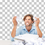 Angry, stress and businessman with crumpled paper for brainstorming, thinking of ideas and strategy. Frustration, mad and professional corporate male employee isolated by a transparent png background