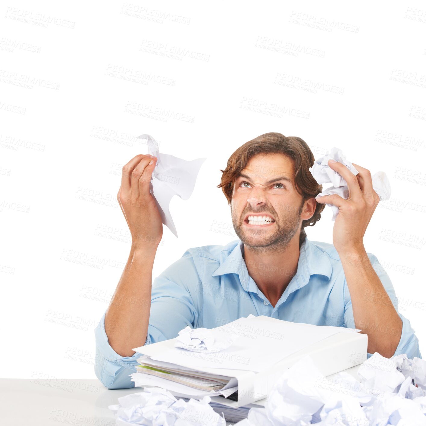 Buy stock photo Angry, stress and businessman with crumpled paper for brainstorming, thinking of ideas and strategy. Frustration, mad and professional corporate male employee isolated by a transparent png background