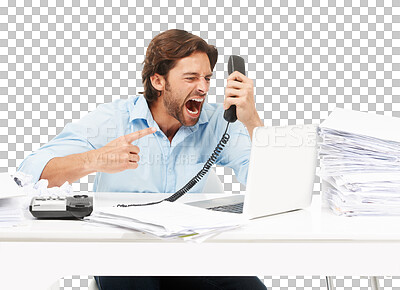 Buy stock photo Telephone call, shout and business man angry over bad tech, poor service or communication problem. Administration anger, paperwork or male accountant stress isolated on a transparent, png background