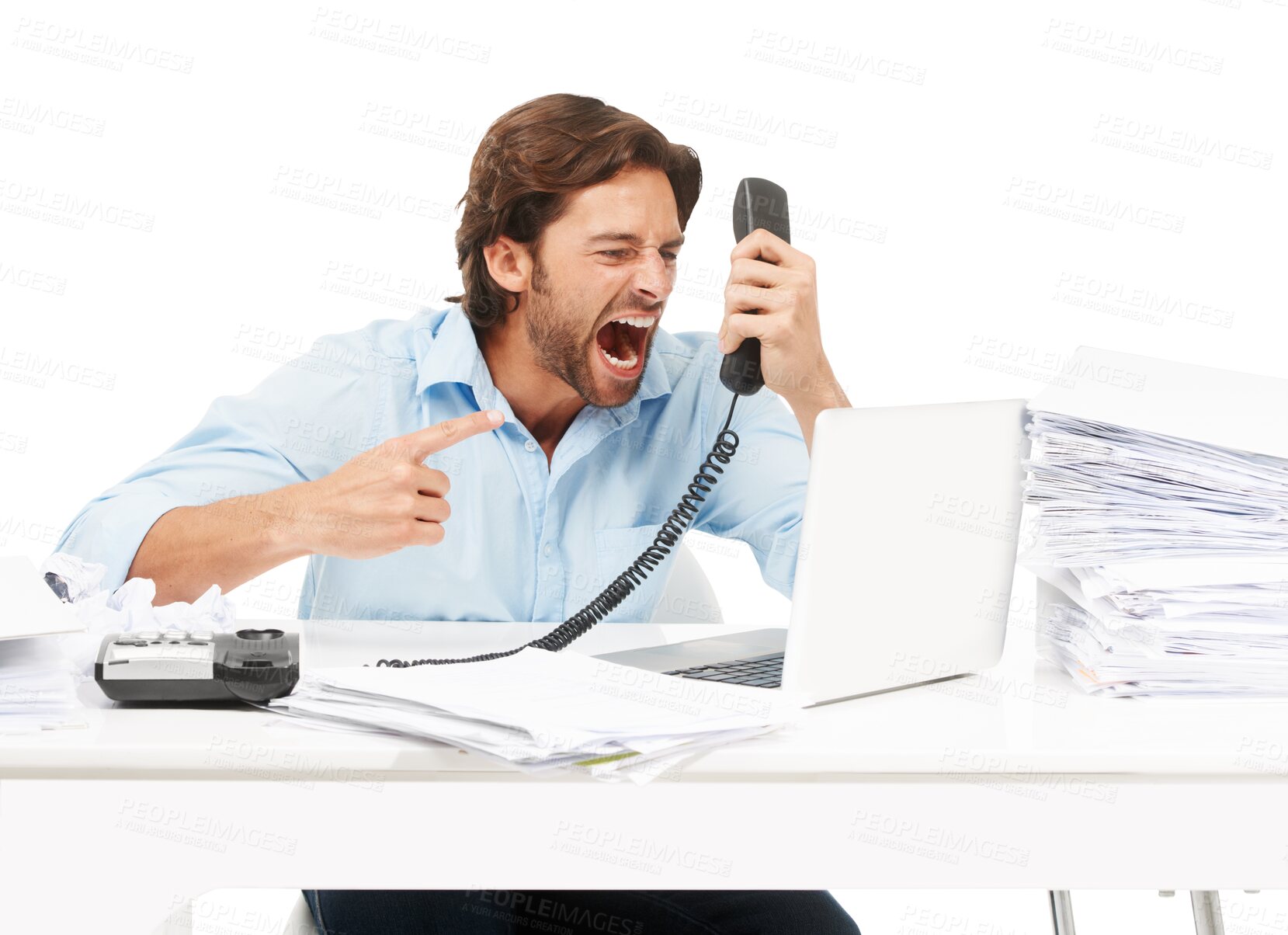 Buy stock photo Telephone call, shout and business man angry over bad tech, poor service or communication problem. Administration anger, paperwork or male accountant stress isolated on a transparent, png background