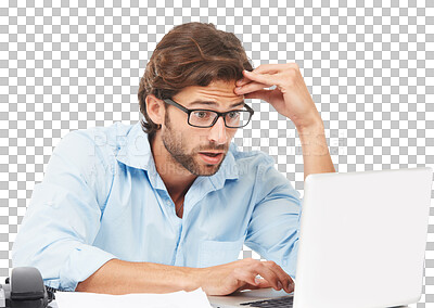 Buy stock photo Laptop, business man and stress or shocked about bad tech, glitch or internet problem. Male entrepreneur person with depression and technology for reading news isolated on transparent, png background