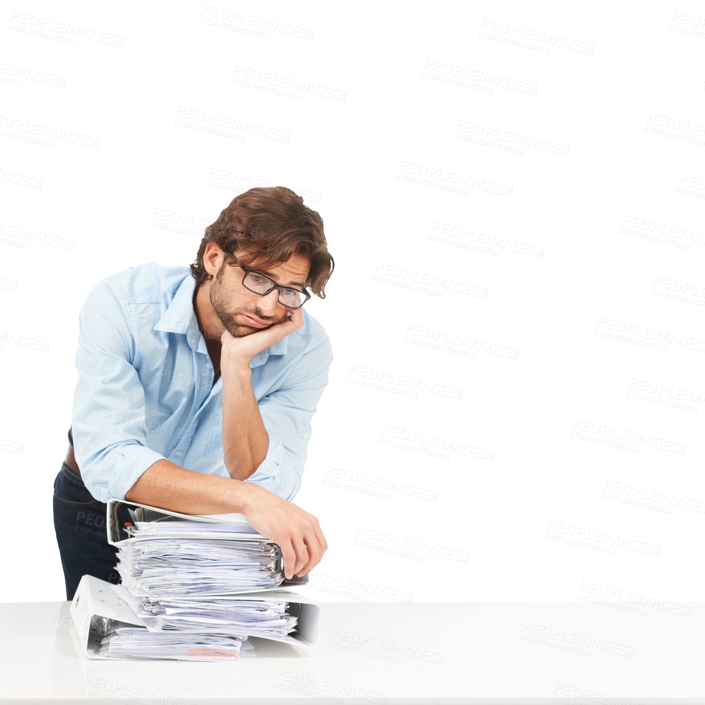 Buy stock photo Stress, thinking and man with stack of paperwork isolated a on transparent png background. Burnout, pile of documents and accountant or sad business person, depressed or fatigue, overwork or deadline