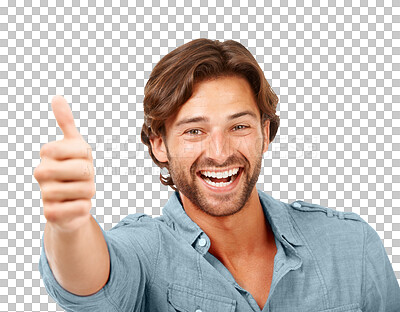 Buy stock photo Excited, portrait and man with thumbs up for success isolated on a transparent png background. Hand gesture, happy and male person with like emoji for agreement, feedback or winning, approval or ok.