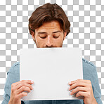 A man holding a blank poster with his hands for marketing, advertising, or a message on copy space. A handsome man with white empty paper standing for branding or logo for advertisement isolated on a png background.