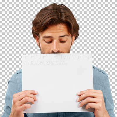 Buy stock photo Man, poster and mockup space for advertising or idea on a transparent, png background. Male model person with billboard, banner or paper in hands for choice, promotion or logo and branding sign