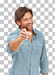 A good-looking young man smiling and pointing his finger at a copy space for selection, promotion, motivation, choice, encouragement, marketing, advertising isolated on a png background