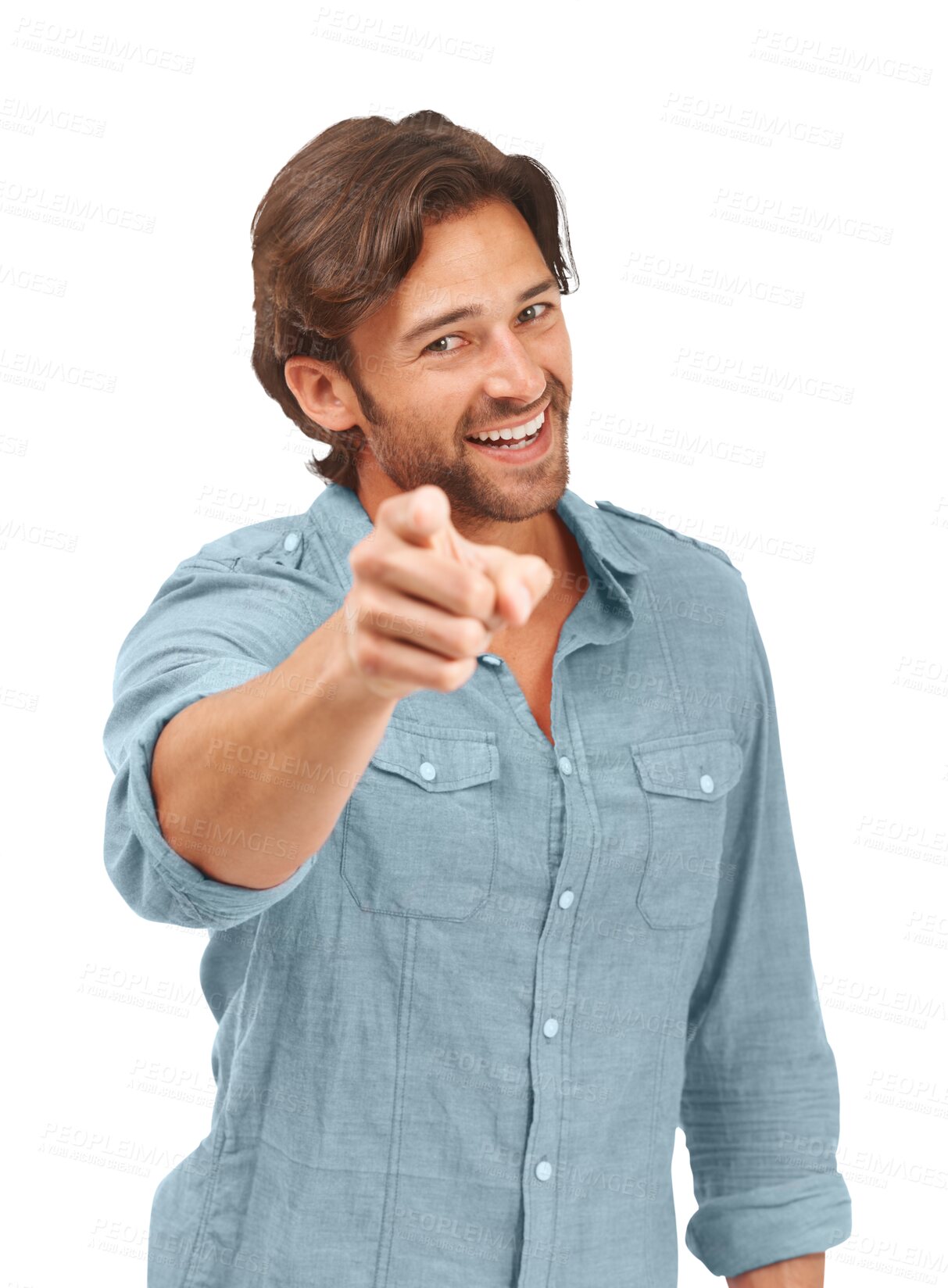 Buy stock photo Man, pointing index and excited in portrait for choice, recruitment or join us by png background. Isolated male model, point finger and smile with happiness for pick, selection or decision with call