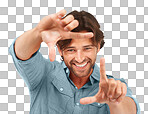 A handsome male advertising model making a hand frame gesture for photography and perspective of a creative idea, creativity, and inspiration with excited smile happiness isolated on a png background.