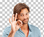 A young man smiling with a perfect, yes, positive opinion and Ok hand sign, satisfaction or a good review with feedback and emoji, success and approval isolated on a png background.