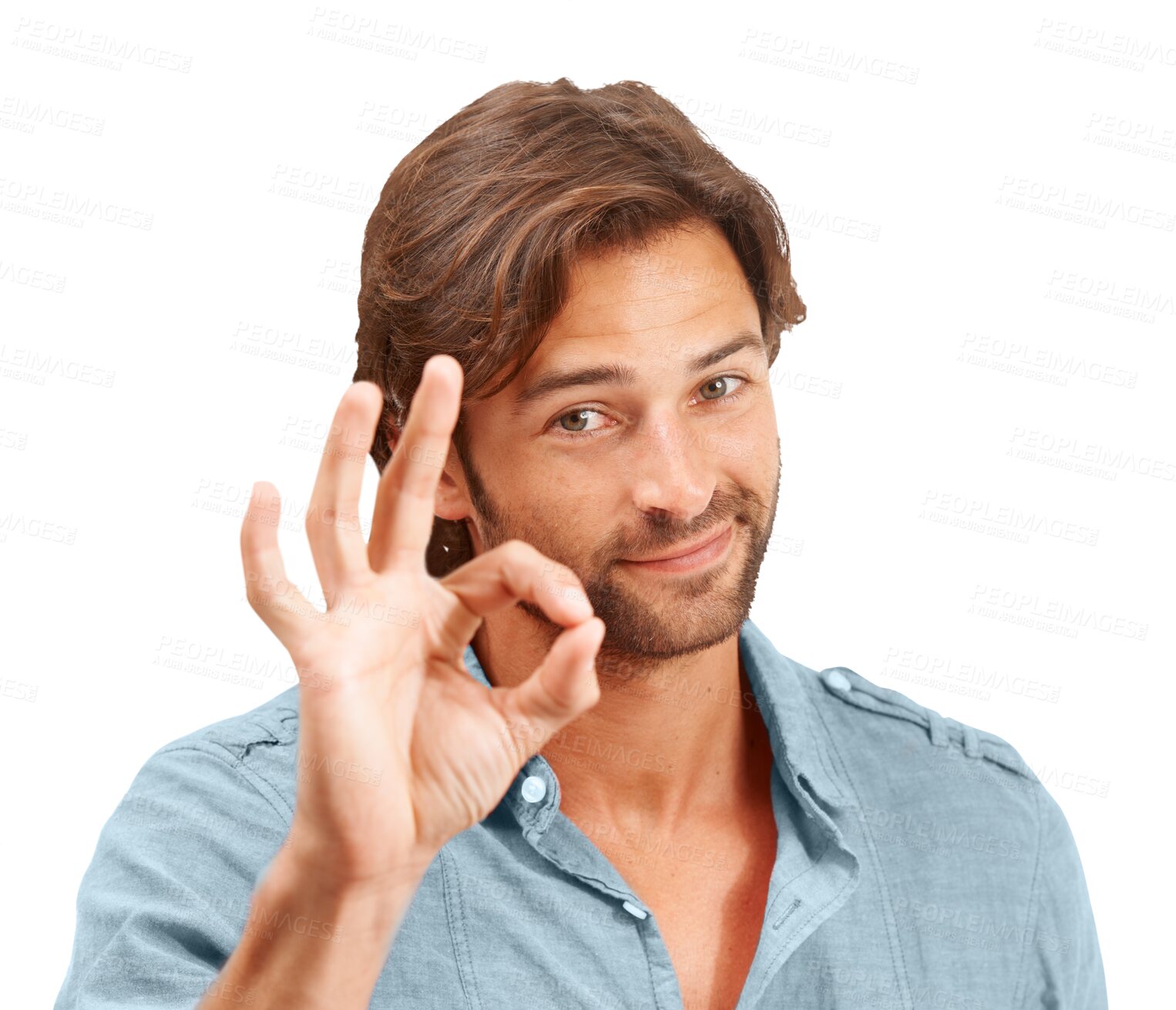 Buy stock photo Portrait, yes hand and businessman with a smile for success, win and agreement. Happy, ok and male employee with a sign for a vote, opinion or perfect gesture isolated on a transparent png background