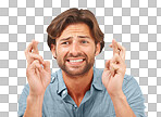 A Canadian male or model with a nervous facial expression, worried person in wish, at a zoom,  good luck or change gesture or eager face with fingers crossed in anxiety isolated on a png background.