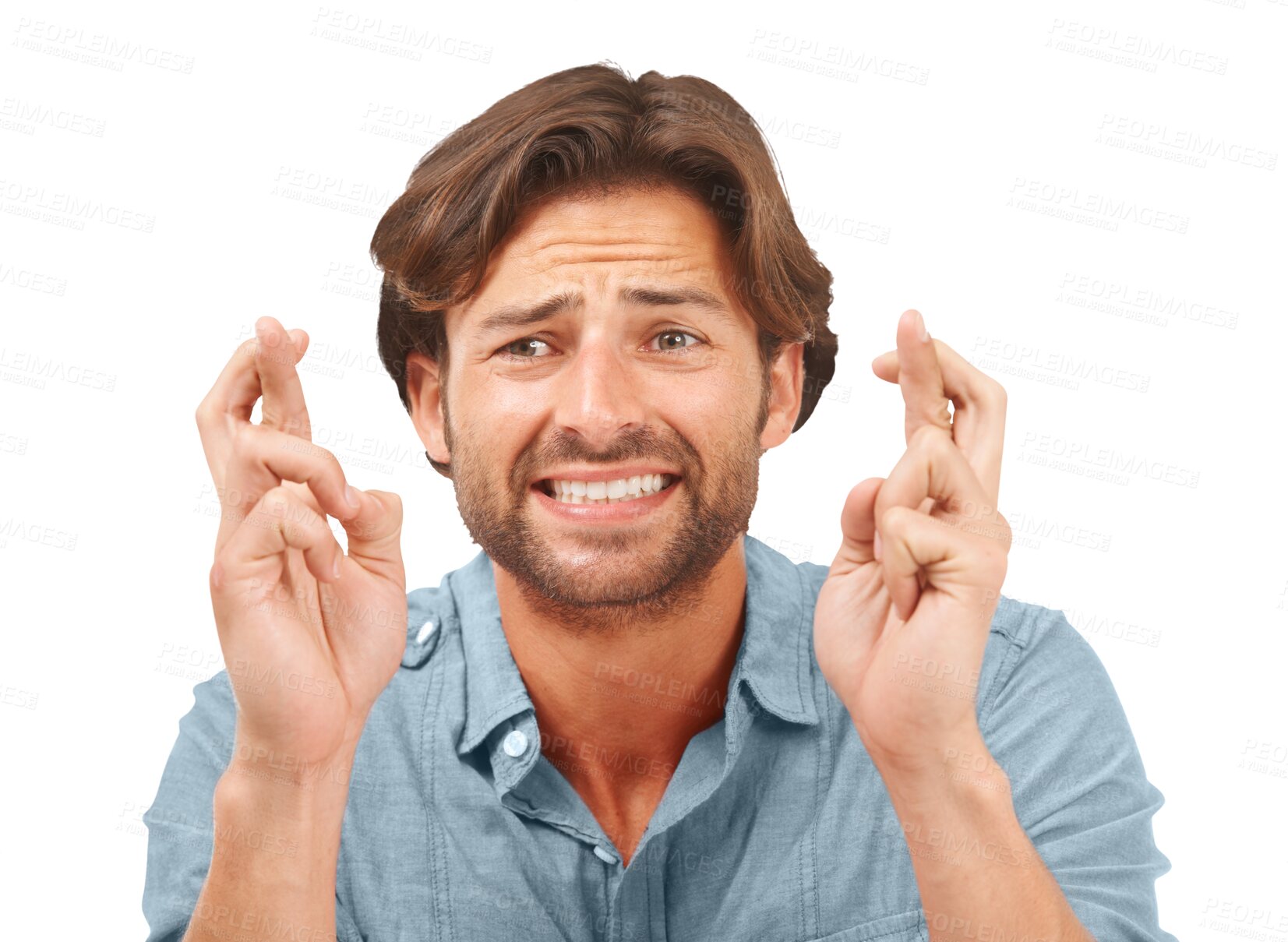 Buy stock photo Stress, fingers crossed and man with luck, wish or anxiety against a transparent background. Male, person or model excited, emoji or hand gesture with png, worry or facial expression with opportunity