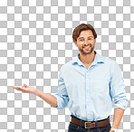 A handsome young caucasian male model or a happy man pointing at a sales promotion, luxury present gift or discount deal mock-up, marketing space, product placement, or advertising model isolated on a PNG background.