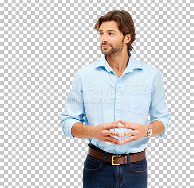 Buy stock photo Business man, thinking with ideas and focus, professional mindset isolated on transparent, png background. Corporate male with vision, manager making decision with leadership and career mission