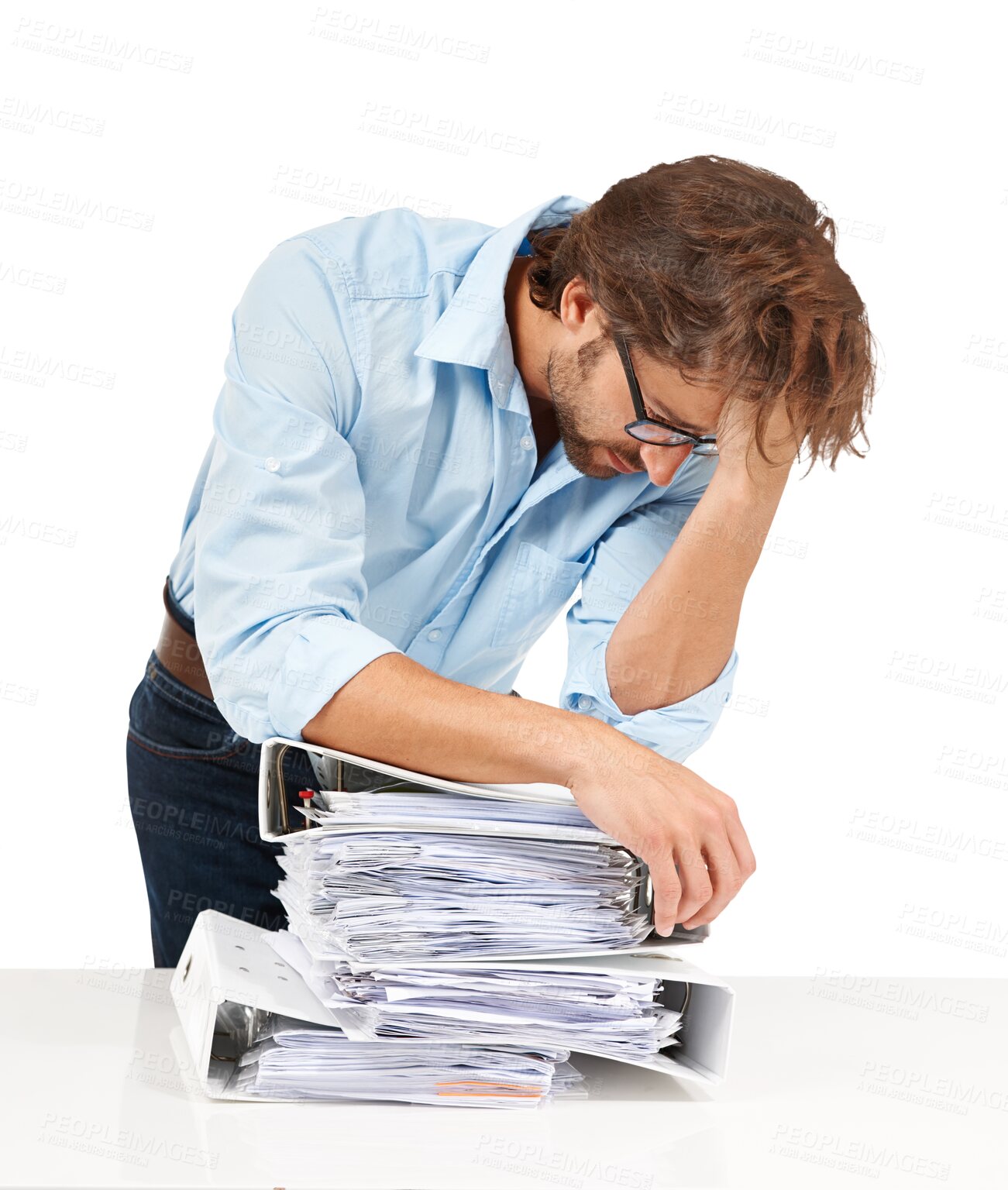 Buy stock photo Burnout, stress and man with stack of paperwork isolated on a transparent png background for deadline. Tired, pile of folders and accountant or business person with fatigue, overwork and depressed.