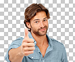 A happy man with an assertive thumbs up sign as a success hand sign, yes, thank you, feedback agreement, OK, winner gestures isolated on a png background.