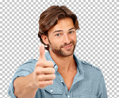 Buy stock photo Portrait, smile and man with thumbs up for success isolated on a transparent png background. Hand gesture, happiness and male person with like emoji for agreement, feedback or winning, approval or ok