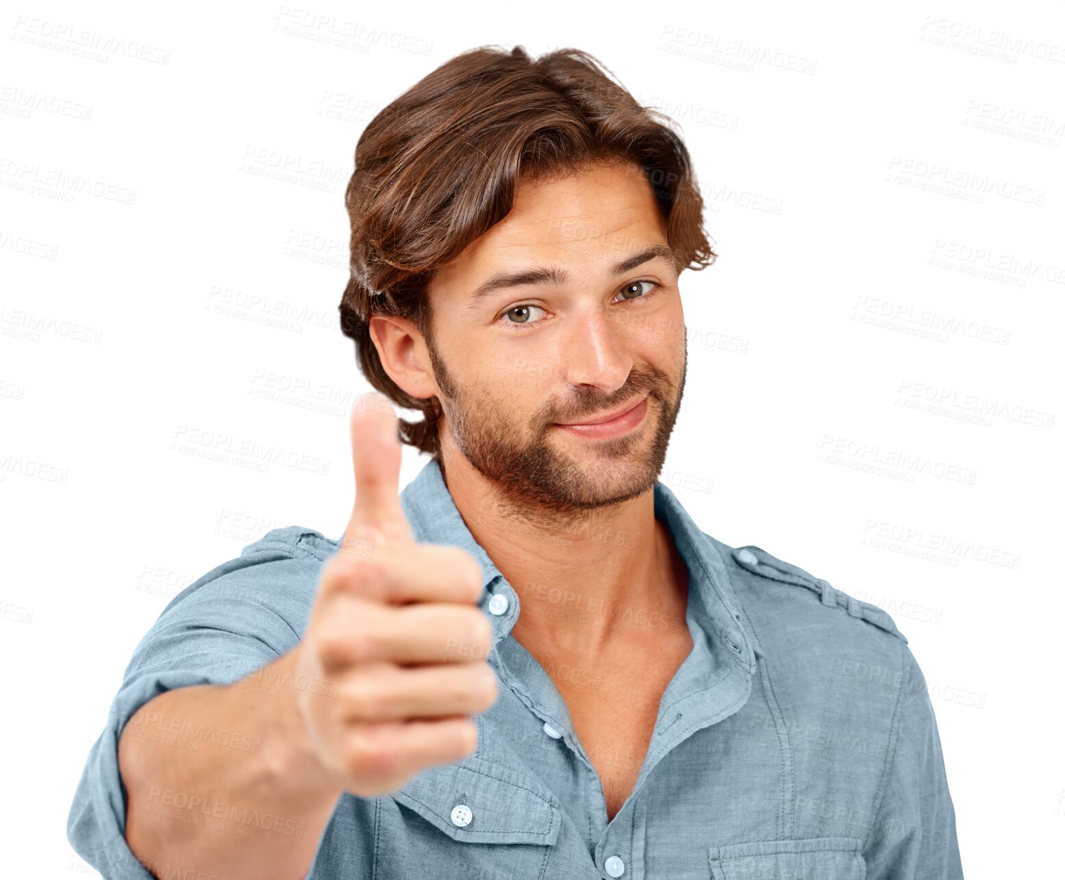 Buy stock photo Portrait, smile and man with thumbs up for success isolated on a transparent png background. Hand gesture, happiness and male person with like emoji for agreement, feedback or winning, approval or ok