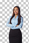 Isolated, business and portrait of woman with mockup for management, leader and fashion. Happy, smile and confident with Brazilian girl and arms crossed for formal and cute isolated on a png background