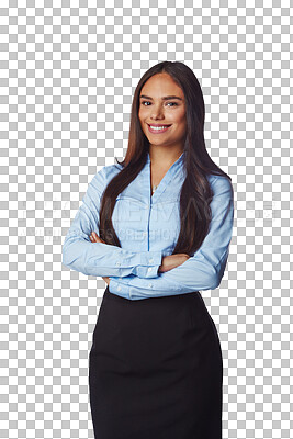 Buy stock photo Portrait, smile and woman with arms crossed, business and confident lady isolated against a transparent background. Face, female person and employee with happiness, consultant and promotion with png