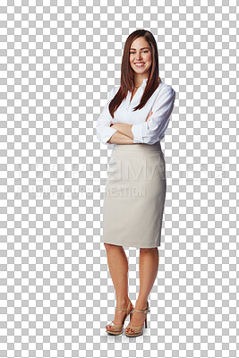 Buy stock photo Portrait, business and woman arms crossed, success and entrepreneur isolated against transparent background. Portrait, female administrator and worker with happiness, png and opportunity with project