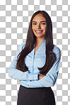 Isolated, business and portrait of woman with arms crossed  for management, leader and fashion. Happy, smile and confident with Brazilian girl for formal, cute and style isolated on a png background