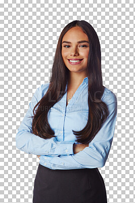 Buy stock photo Corporate, portrait and woman arms crossed, smile and lady isolated against a transparent background. Face, female employee and consultant with confidence, happiness and pride with png and success 