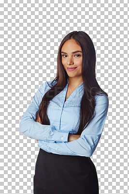 Buy stock photo Portrait, smile and business woman with arms crossed isolated on a transparent png background. Professional, happiness and confident female person or entrepreneur from Brazil with pride for career.