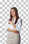 Showing, displaying and pointing at copy space by businesswoman. Happy, excited and smiling corporate female presenting promo deal with her finger isolated on a png background