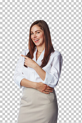 Buy stock photo Smile, pointing or portrait of happy businesswoman isolated pointing on transparent png background. Deal, advertising offer or isolated girl showing or marketing promotion or product announcement