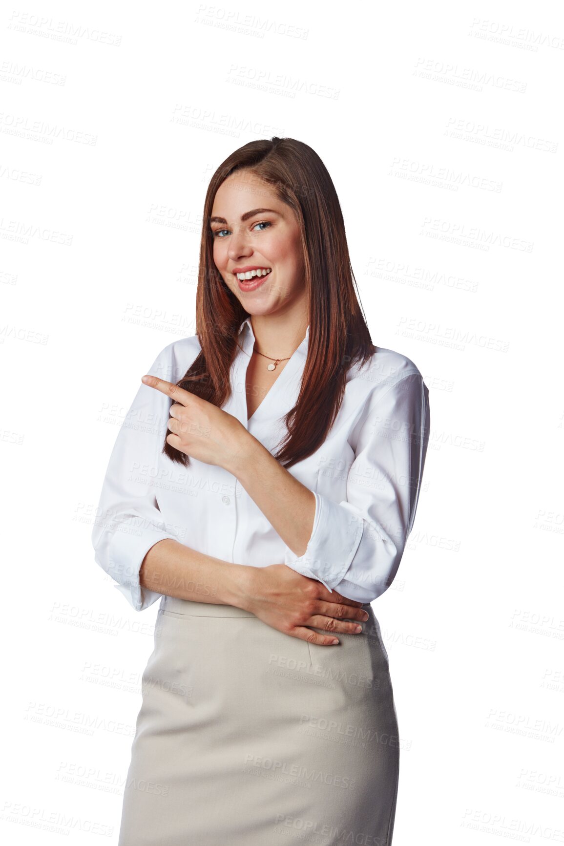 Buy stock photo Smile, pointing or portrait of happy businesswoman isolated pointing on transparent png background. Deal, advertising offer or isolated girl showing or marketing promotion or product announcement