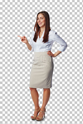 Buy stock photo Portrait, business woman and smile for pointing while isolated on transparent png background. Happy female worker advertising promotion, review and presentation of deal, choice and offer coming soon