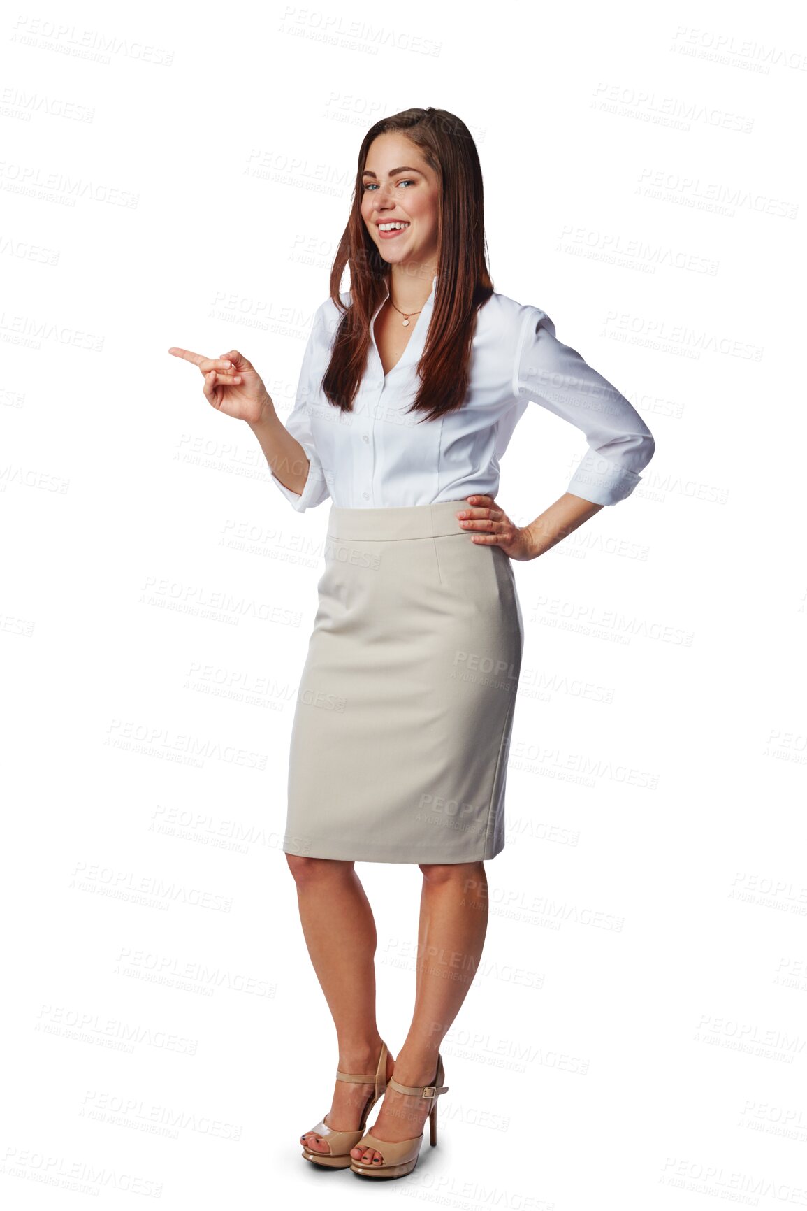 Buy stock photo Portrait, business woman and smile for pointing while isolated on transparent png background. Happy female worker advertising promotion, review and presentation of deal, choice and offer coming soon