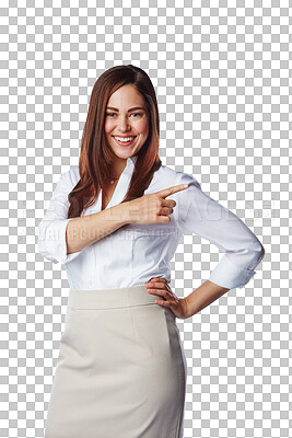 Buy stock photo Portrait, happy business woman and pointing while isolated on transparent png background. Female worker advertising promotion, review and smile for presentation of deal, choice and offer coming soon