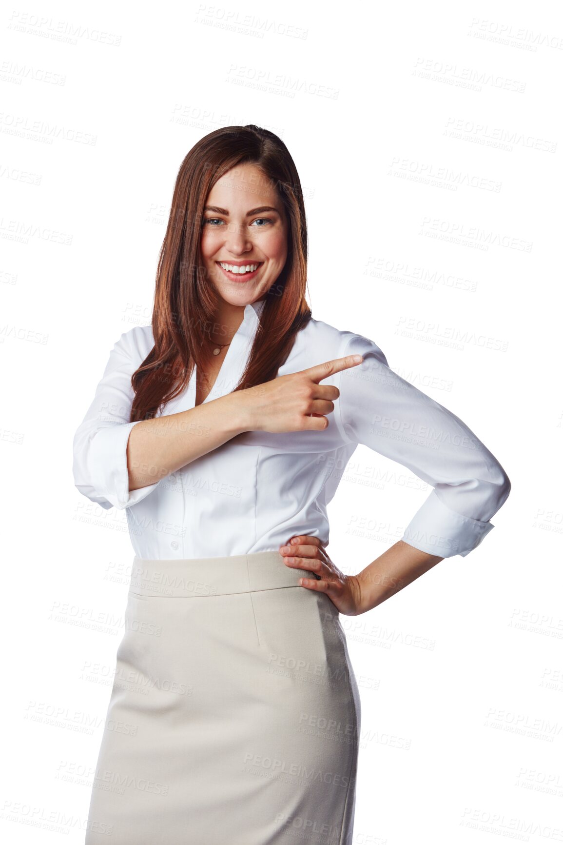 Buy stock photo Portrait, happy business woman and pointing while isolated on transparent png background. Female worker advertising promotion, review and smile for presentation of deal, choice and offer coming soon