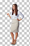 Smile, pointing and woman with mockup and product placement or announcement. Advertising, marketing promotion and space, happy woman showing new product launch in isolated on a png background