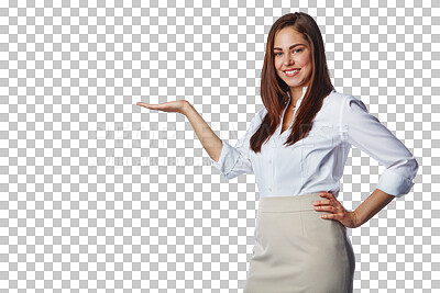 Buy stock photo Portrait, happy woman and advertising with hands open for offer, business information and brand coming soon. Female worker, announcement and review of promotion isolated on transparent png background