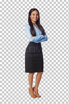 Buy stock photo Portrait, business and woman with arms crossed, smile and lady isolated against transparent background. Face, female employee or entrepreneur with confidence, happiness and skills for startup and png